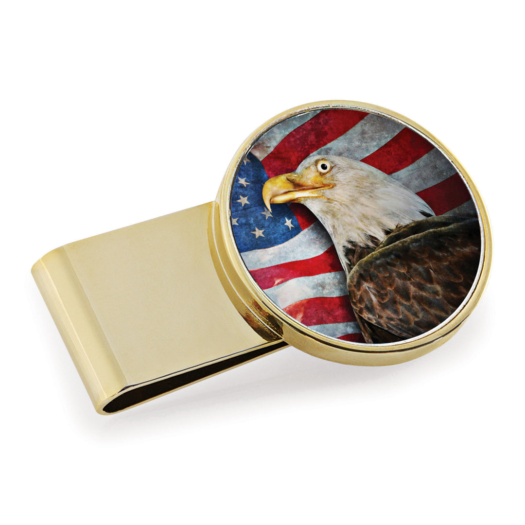 American Bald Eagle Colorized JFK Half Dollar Stainless Steel Goldtone Money Clip Image 1