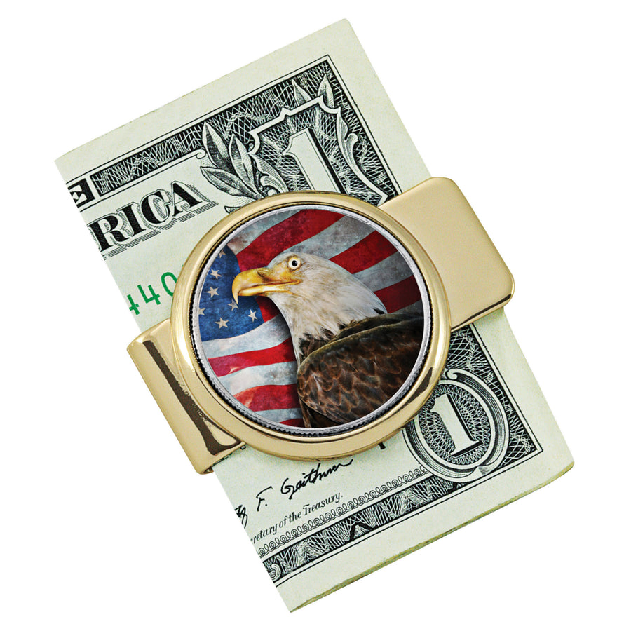 American Bald Eagle Colorized JFK Half Dollar Goldtone Money Clip Image 1