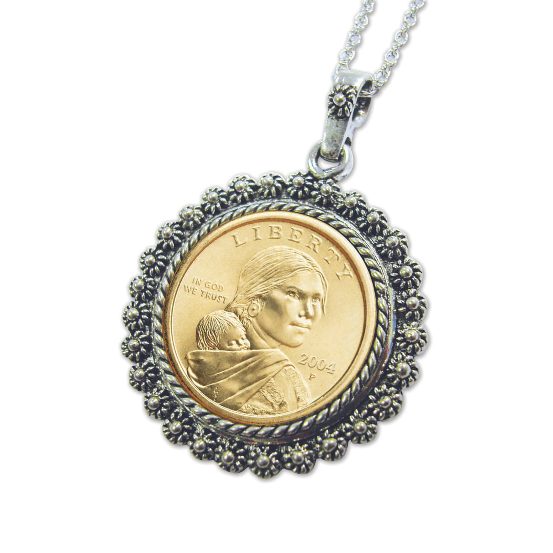 Sacagawea Golden Dollar Coin Pendant in Silvertone Bezel Image 1