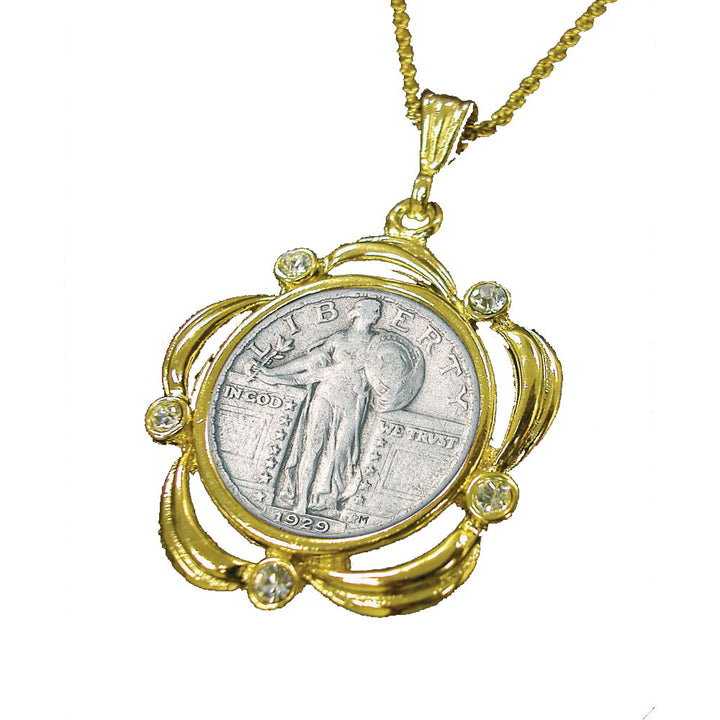 Silver Standing Liberty Quarter Goldtone Coin Pendant Scalloped W/Crystals (24"Chain) Image 1