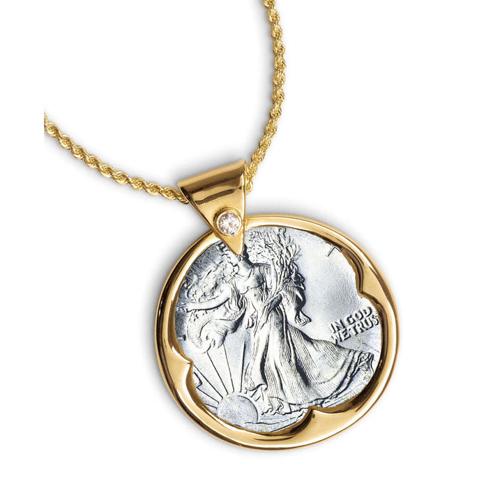 Silver Walking Liberty Half Dollar Goldtone Coin Pendant with Crystal Bail 24" Chain Image 1