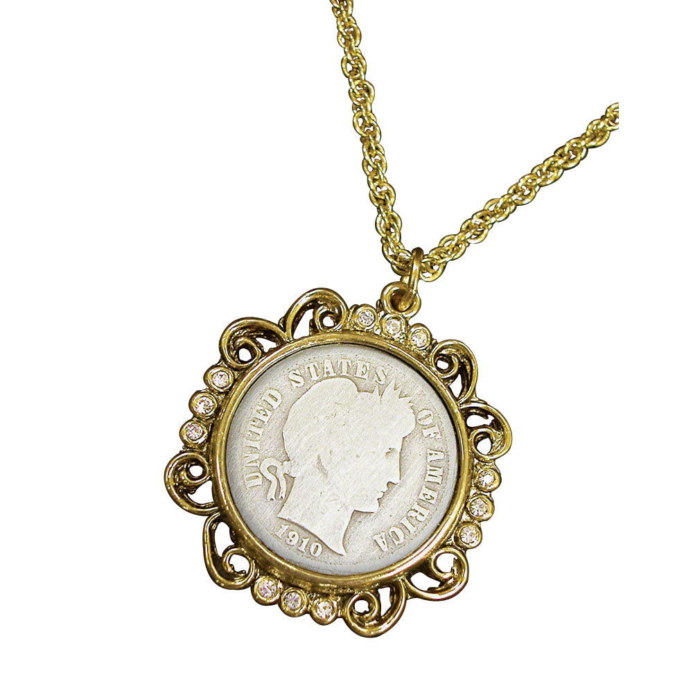 Silver Barber Dime Goldtone Coin Pendant with Crystals 24" Chain Image 1