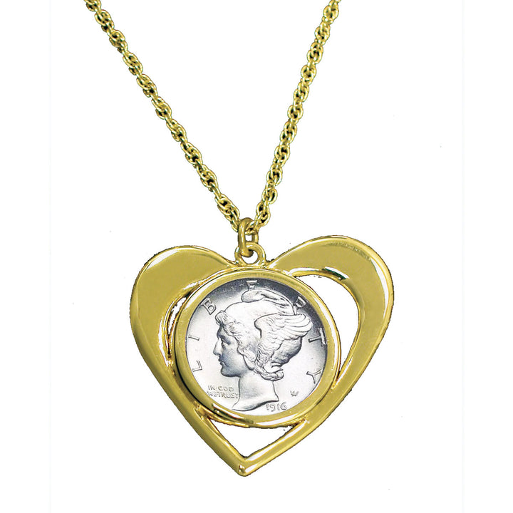 Mercury Dime Goldtone Heart Coin Pendant Image 1