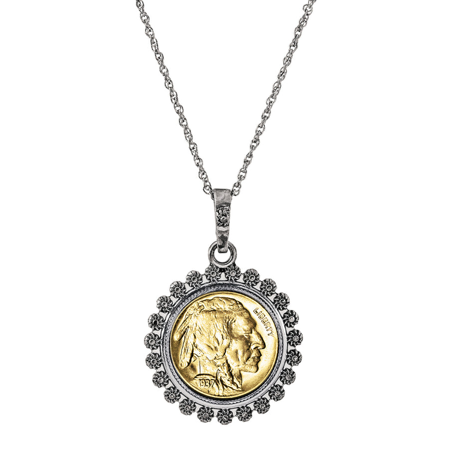 Gold Layered Buffalo Nickel Silvertone Blossom Coin Pendant 24" Chain Image 1