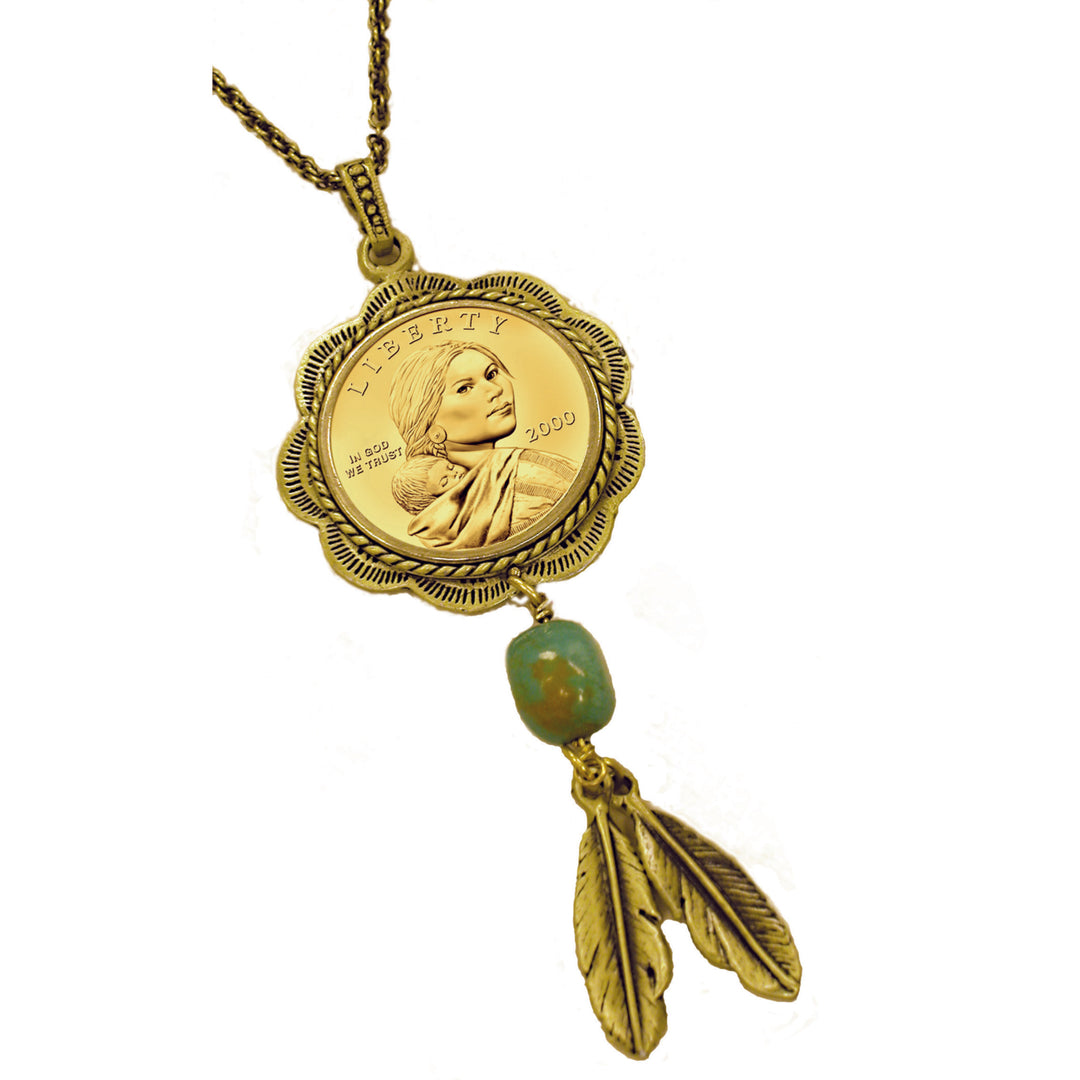 Sacagawea Brass and Turquoise Coin Pendant Image 1