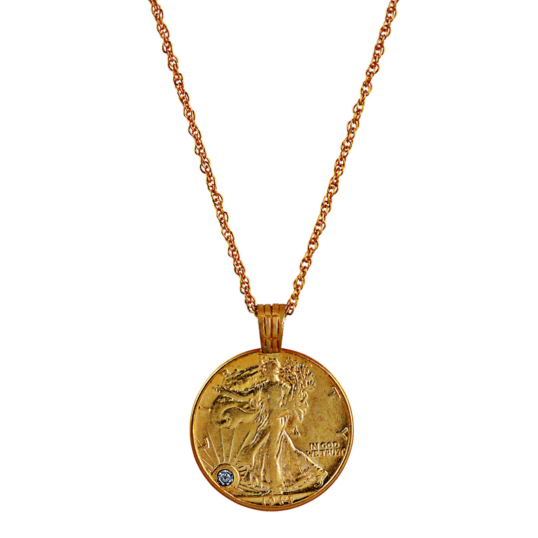 Silver Walking Liberty Half Dollar Gold Layered Coin Pendant With Diamond Chip Image 1