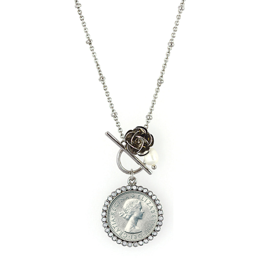 Lucky British Sixpence and Rose Silvertone Toggle Coin Pendant Image 1