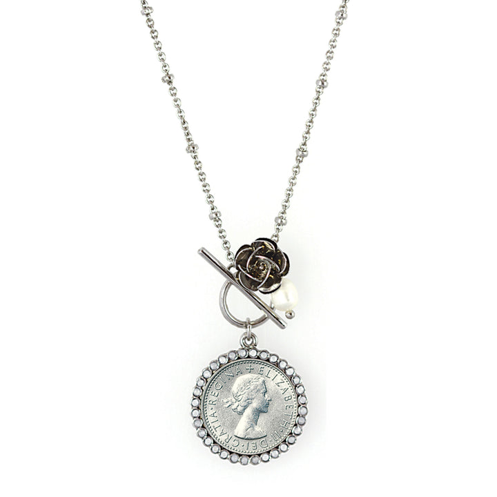 Lucky British Sixpence and Rose Silvertone Toggle Coin Pendant Image 1