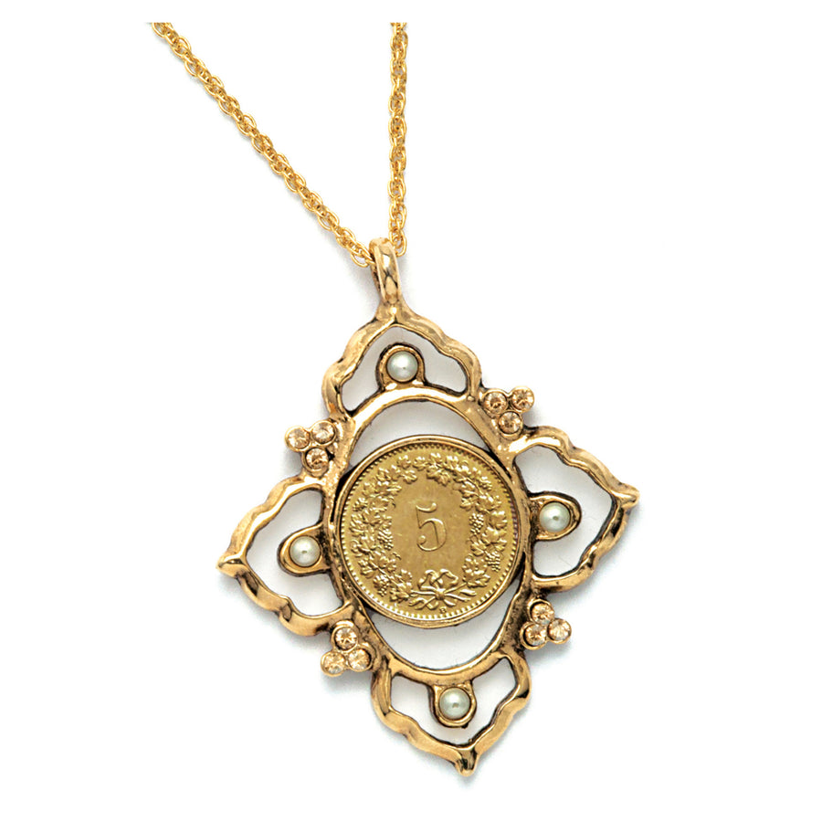 Victorian Inspired Swiss Coin Pendant with Glass Pearls Image 1