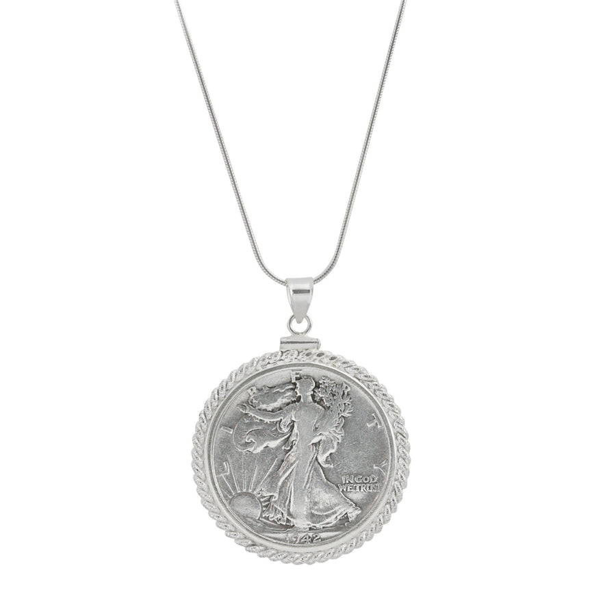 Sterling Silver Twisted Rope Silver Walking Liberty Half Dollar Coin Pendant Image 1