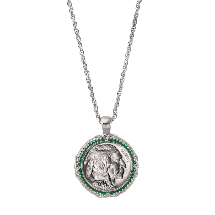 Buffalo Nickel Green Enamel Coin Pendant Necklace Image 1