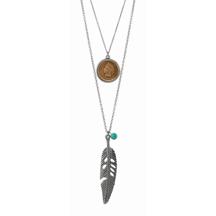 Silvertone Indian Cent Double Chain Feather Necklace With Turquoise Stone Image 1