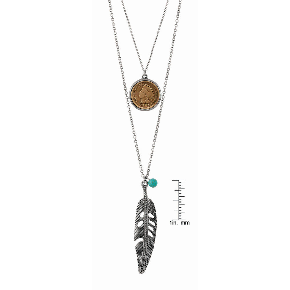 Silvertone Indian Cent Double Chain Feather Necklace With Turquoise Stone Image 2