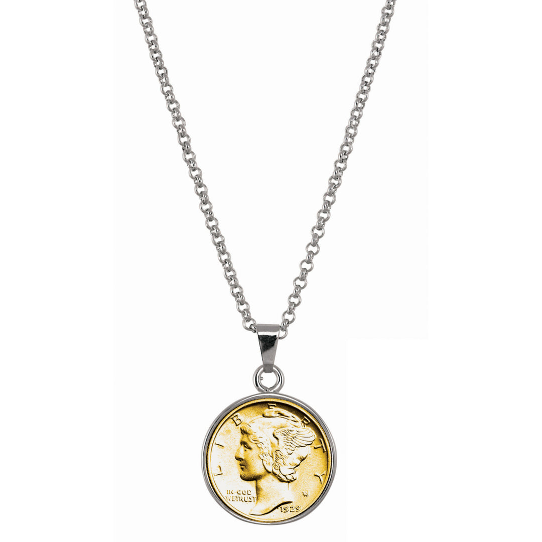 Gold-Layered Silver Mercury Dime Silvertone Coin Pendant with 18" Chain Image 1