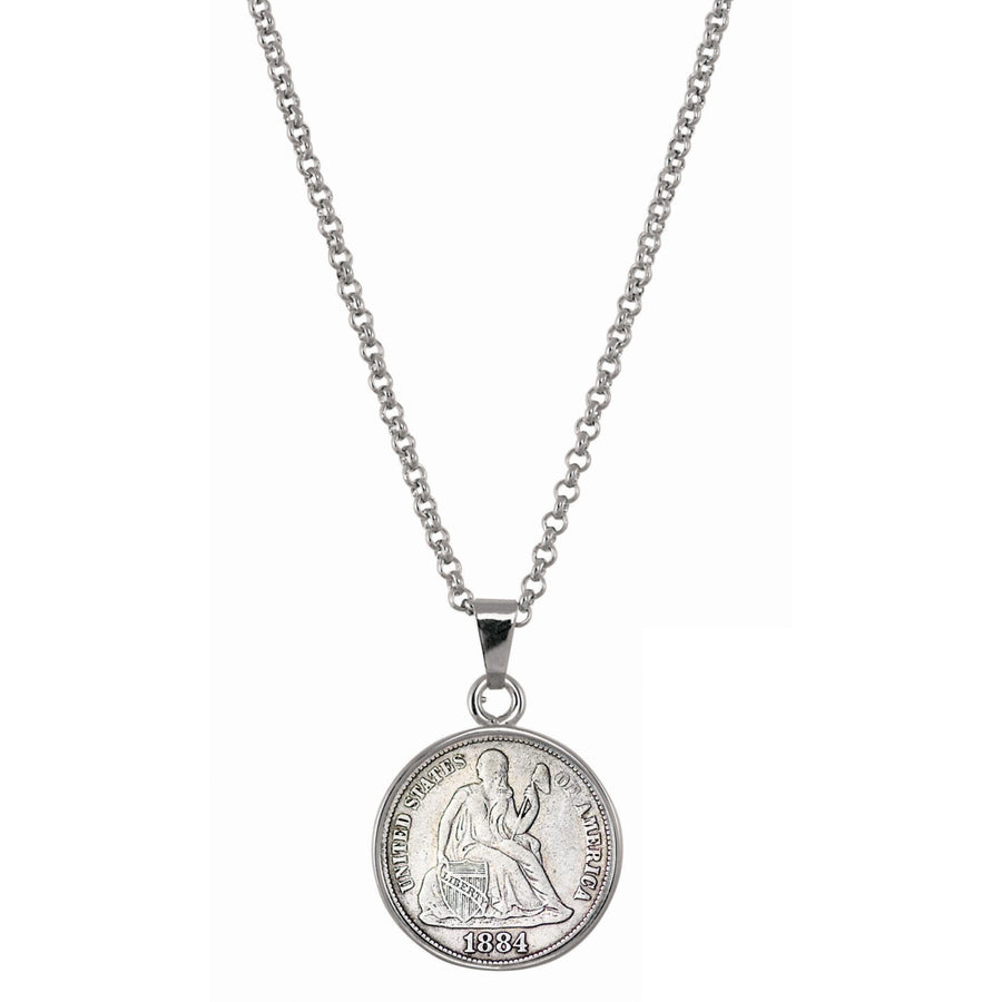 Seated Liberty Silver Dime Silvertone Coin Pendant with 18" Chain Image 1