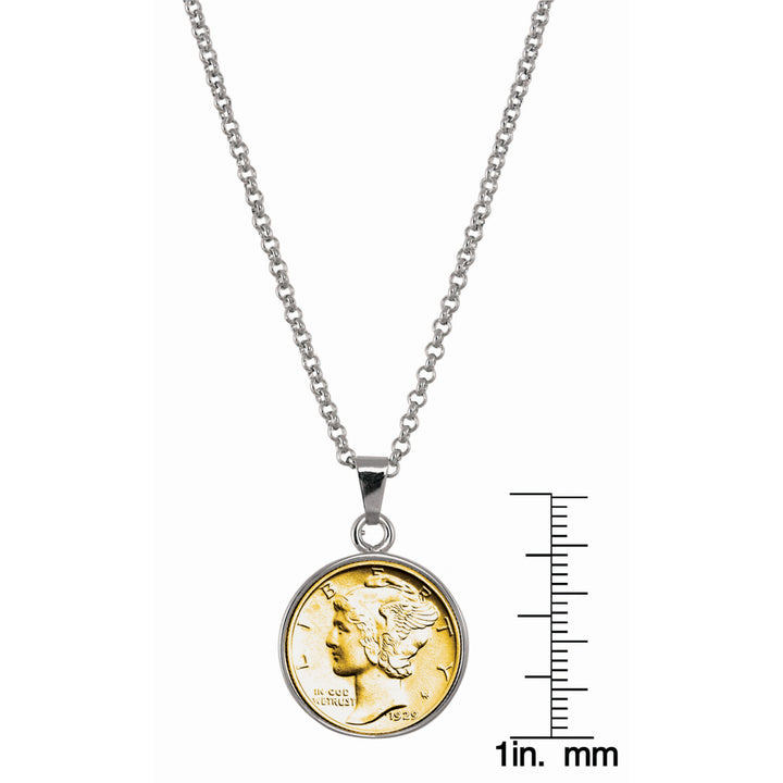 Gold-Layered Silver Mercury Dime Silvertone Coin Pendant with 18" Chain Image 2