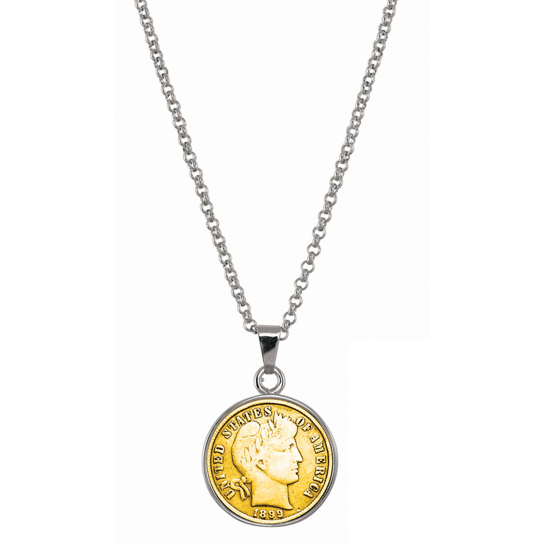 Gold-Layered 1800s Silver Barber Dime Silvertone Coin Pendant with 18" Chain Image 1