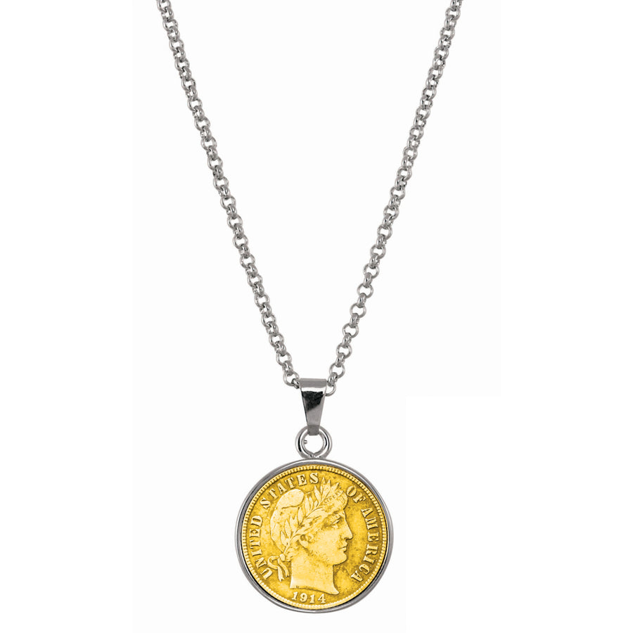 Gold-Layered Silver Barber Dime Silvertone Coin Pendant with 18" Chain Image 1