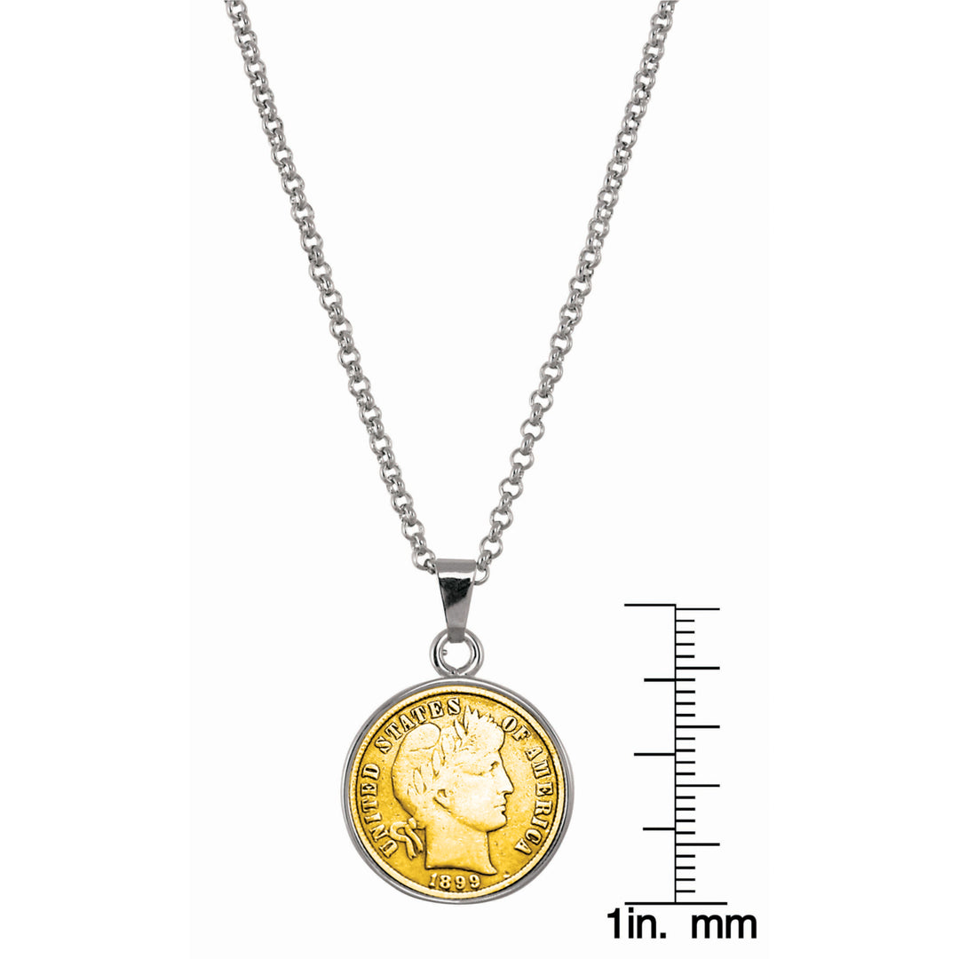 Gold-Layered 1800s Silver Barber Dime Silvertone Coin Pendant with 18" Chain Image 2