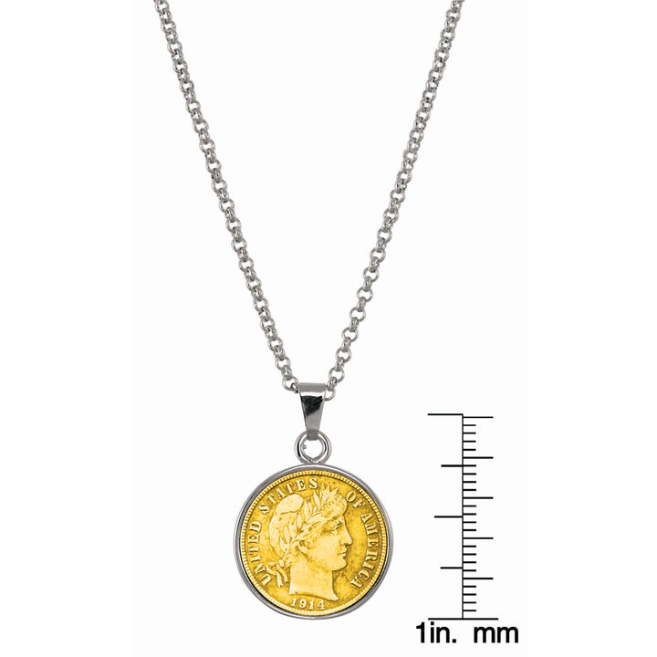 Gold-Layered Silver Barber Dime Silvertone Coin Pendant with 18" Chain Image 2