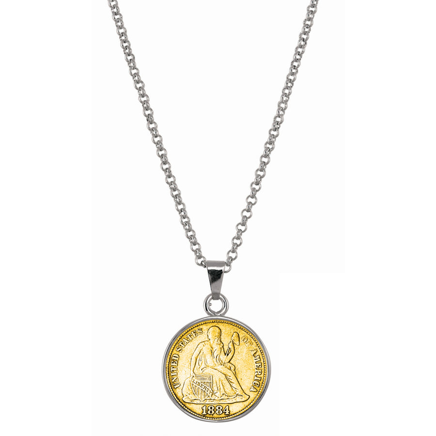 Gold-Layered Seated Liberty Silver Dime Silvertone Coin Pendant with 18" Chain Image 1