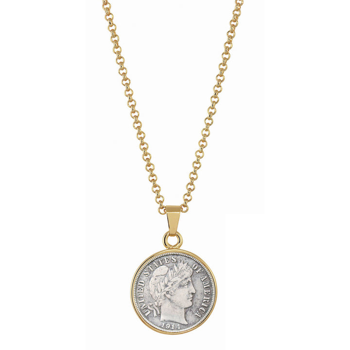 Silver Barber Dime Goldtone Coin Pendant with 18" Chain Image 1