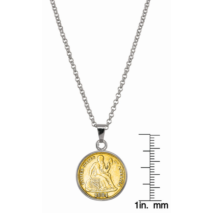 Gold-Layered Seated Liberty Silver Dime Silvertone Coin Pendant with 18" Chain Image 2