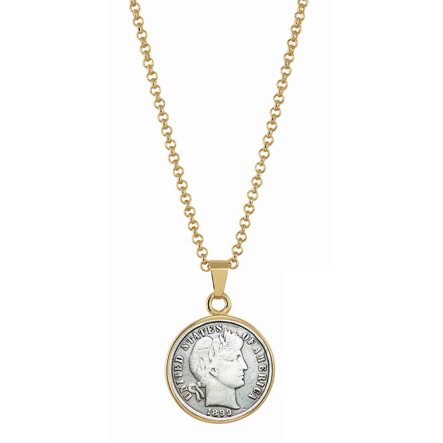 1800s Silver Barber Dime Goldtone Coin Pendant with 18" Chain Image 1