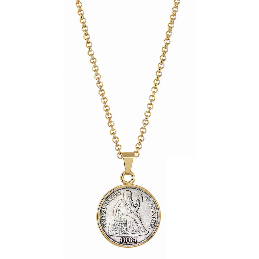 Seated Liberty Silver Dime Goldtone Coin Pendant with 18" Chain Image 1