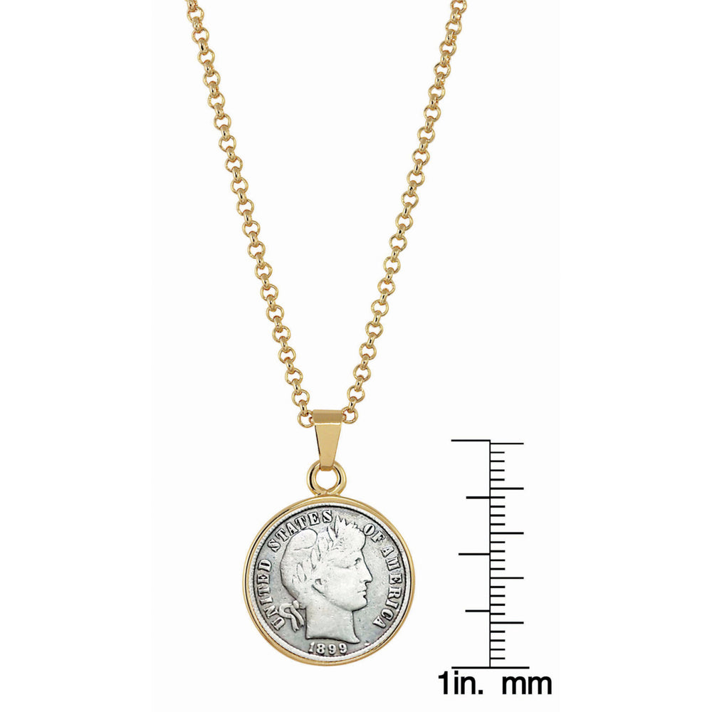 1800s Silver Barber Dime Goldtone Coin Pendant with 18" Chain Image 2
