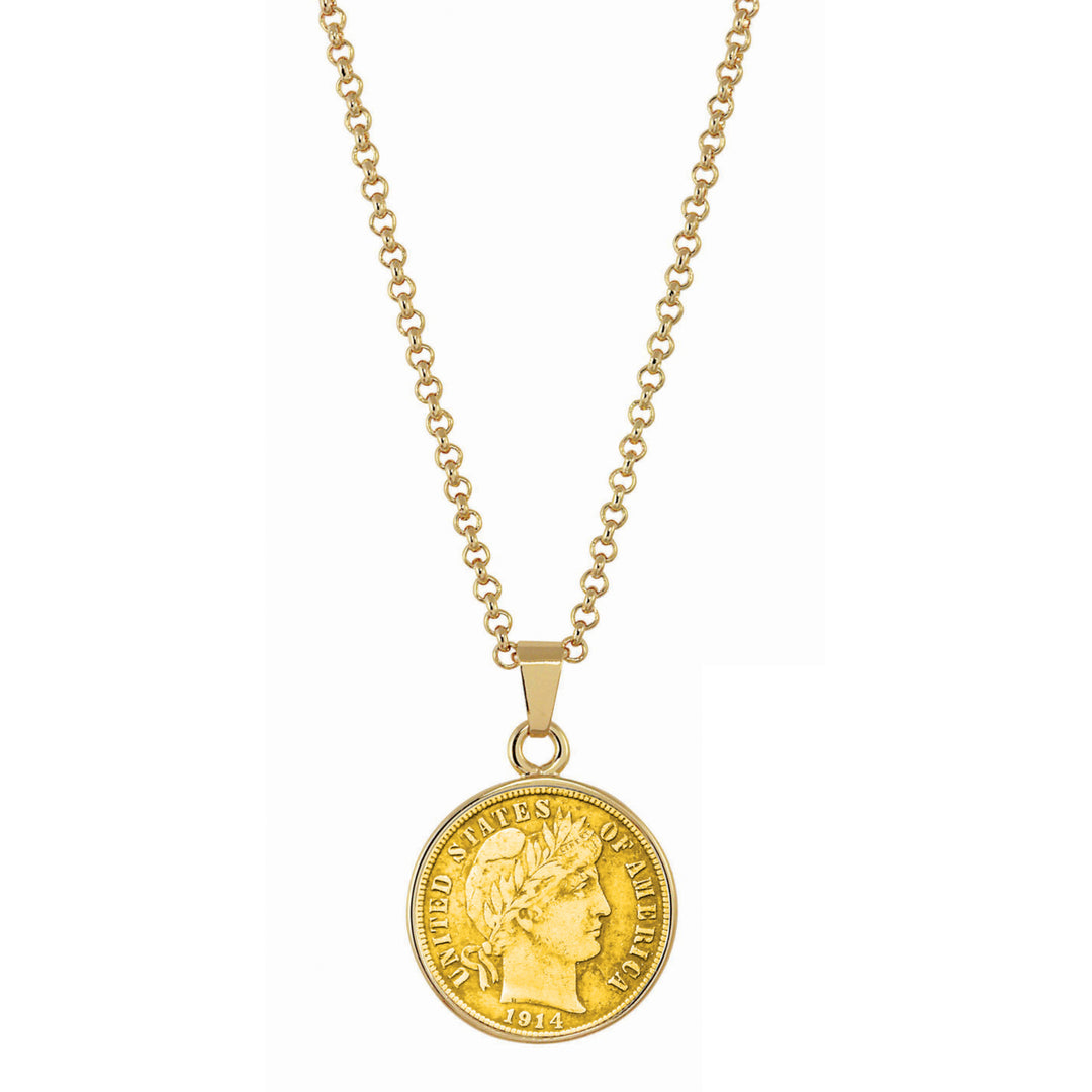 Gold-Layered Silver Barber Dime Goldtone Coin Pendant with 18" Chain Image 1