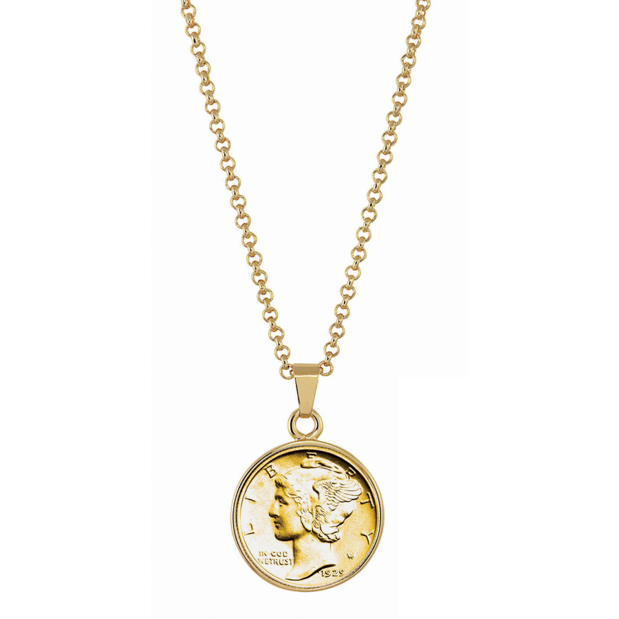 Gold-Layered Silver Mercury Dime Goldtone Coin Pendant with 18" Chain Image 1