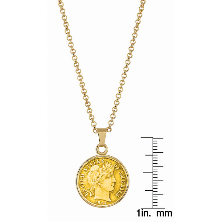 Gold-Layered Silver Barber Dime Goldtone Coin Pendant with 18" Chain Image 2