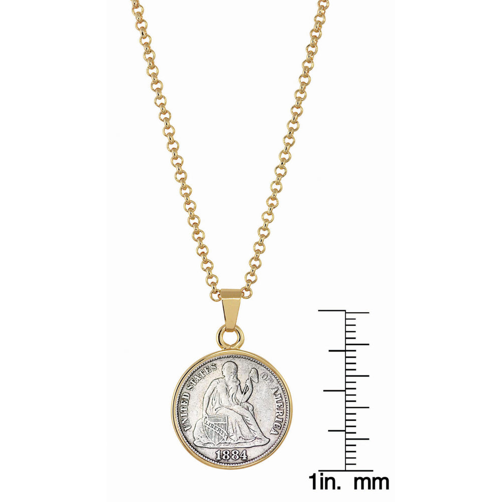 Seated Liberty Silver Dime Goldtone Coin Pendant with 18" Chain Image 2