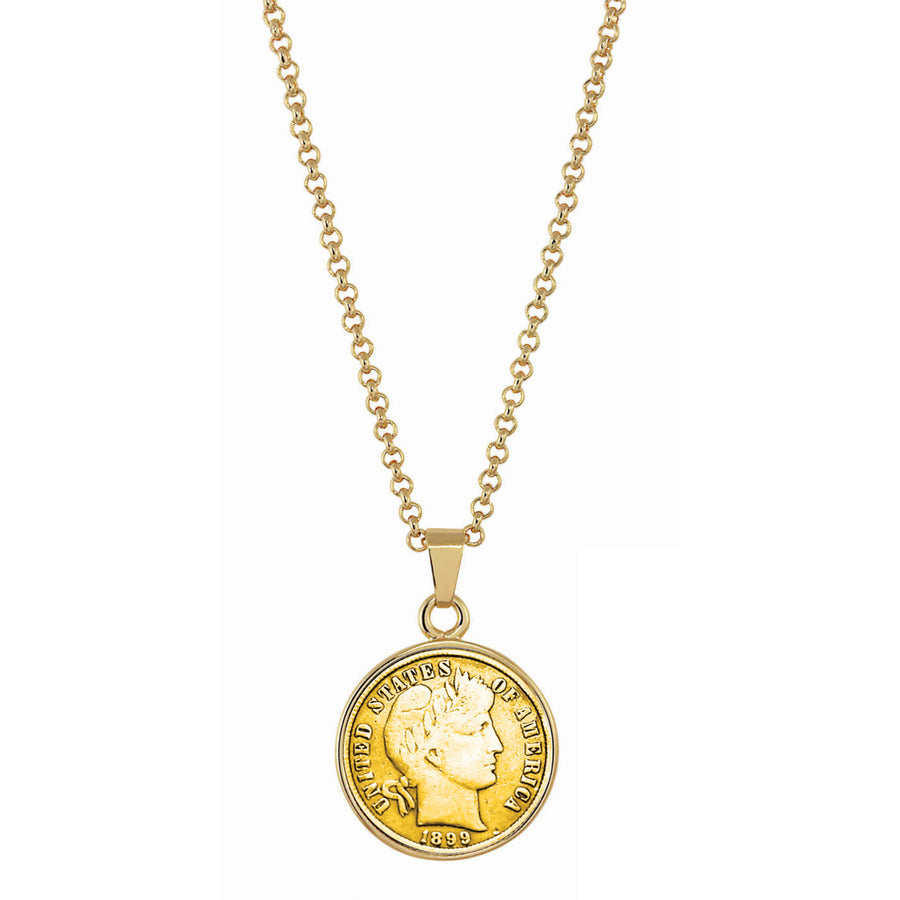 Gold-Layered 1800s Silver Barber Dime Goldtone Coin Pendant with 18" Chain Image 1