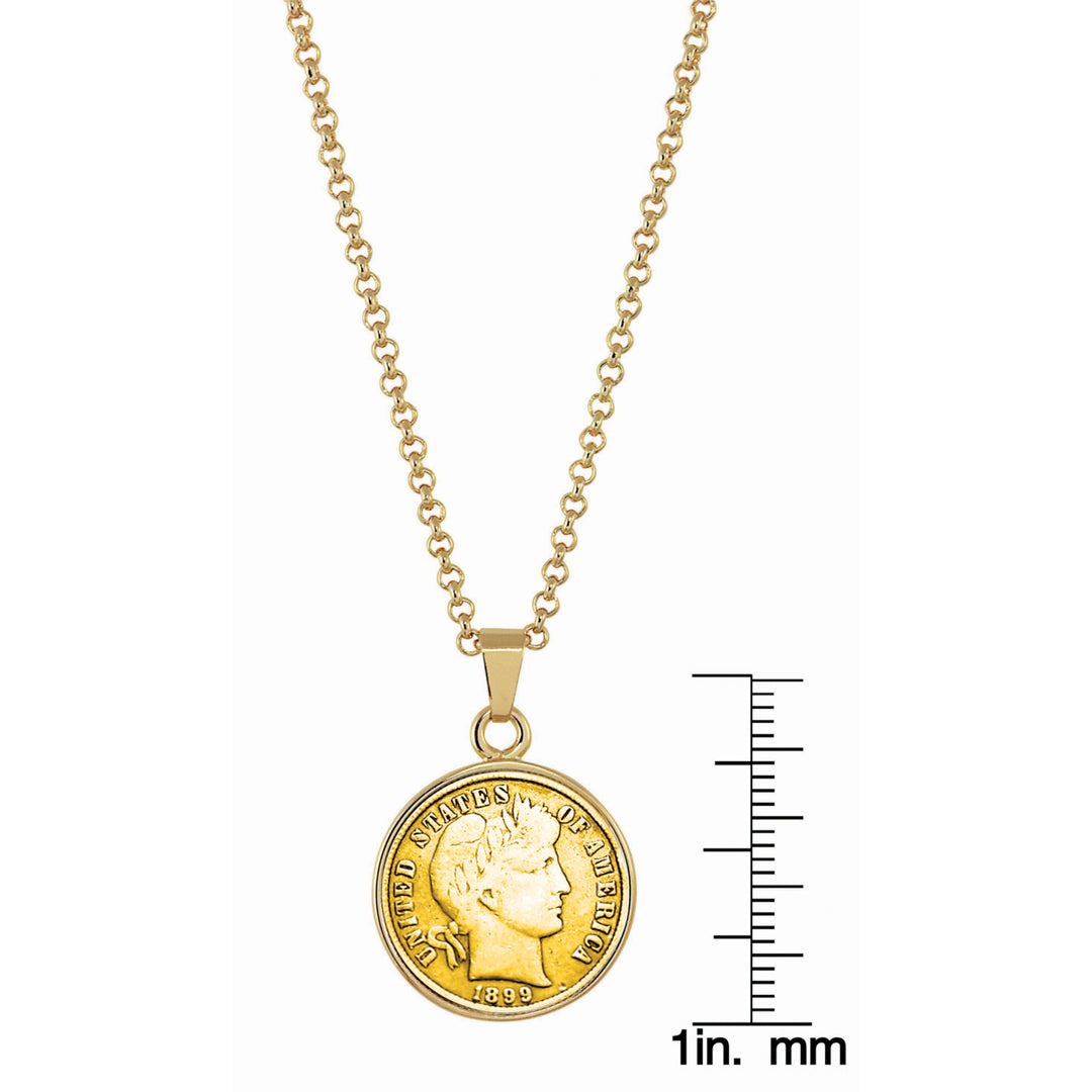 Gold-Layered 1800s Silver Barber Dime Goldtone Coin Pendant with 18" Chain Image 2