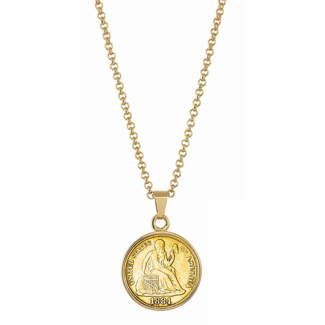 Gold-Layered Seated Liberty Silver Dime Goldtone Coin Pendant with 18" Chain Image 1