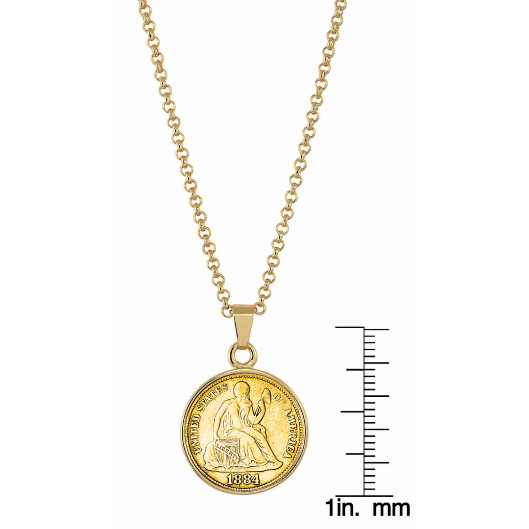 Gold-Layered Seated Liberty Silver Dime Goldtone Coin Pendant with 18" Chain Image 2