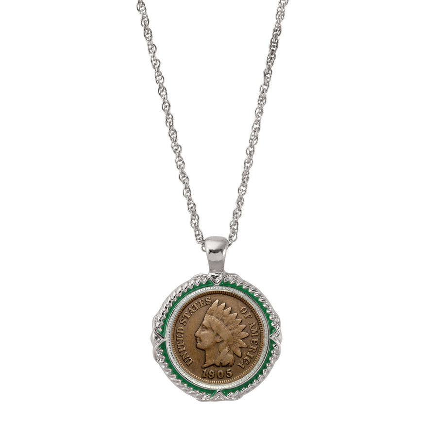 Indian Head Penny Green Enamel Coin Pendant Necklace Image 1