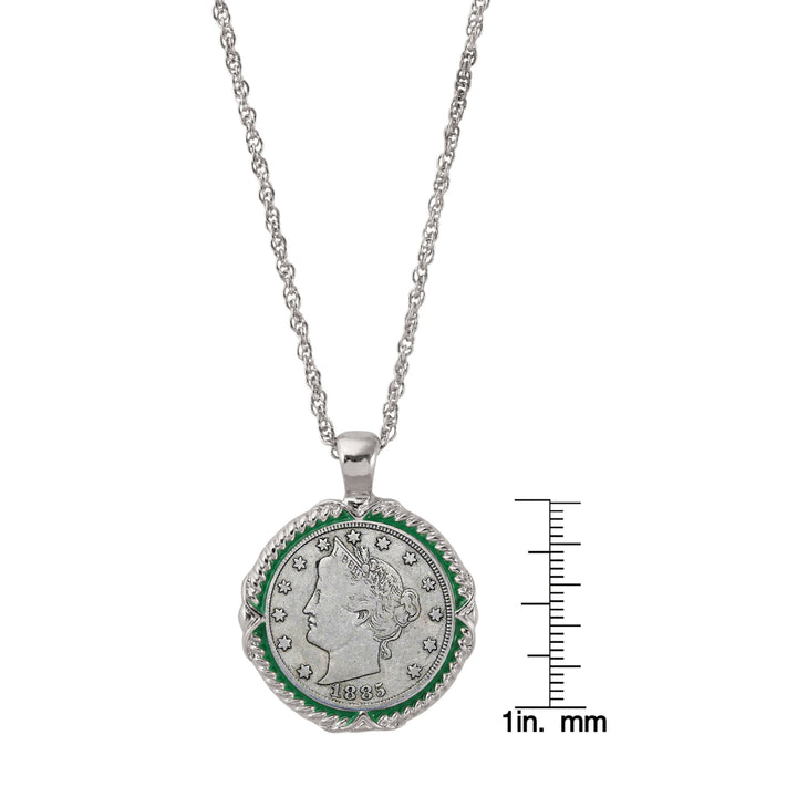 1800s Liberty Nickel Green Enamel Coin Pendant Necklace Image 3