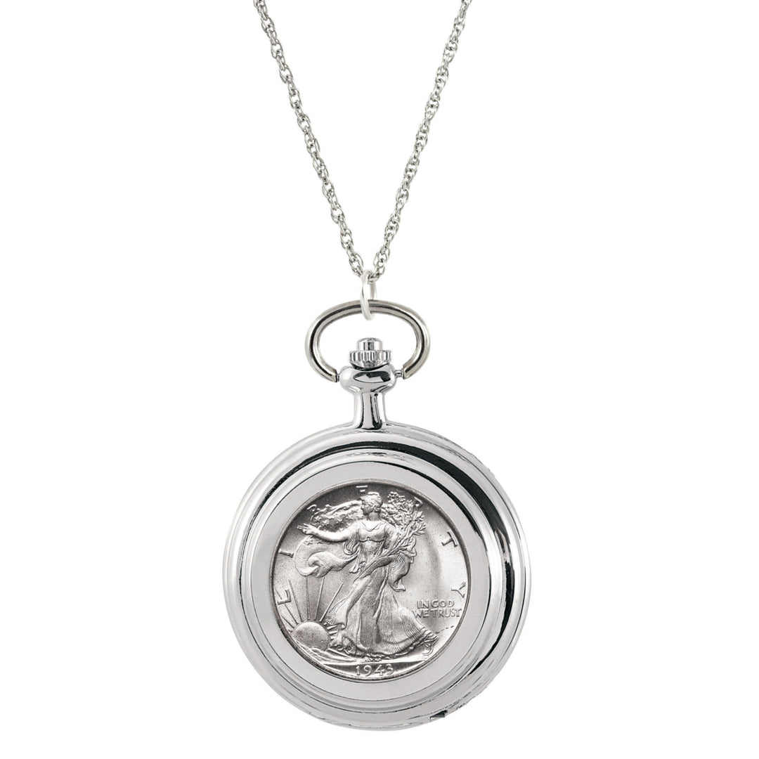 Silver Walking Liberty Half Dollar Coin Pocket Watch Coin Pendant Necklace Image 1