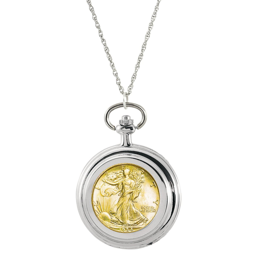 Gold-Layered Silver Walking Liberty Half Dollar Coin Pocket Watch Coin Pendant Necklace Image 1