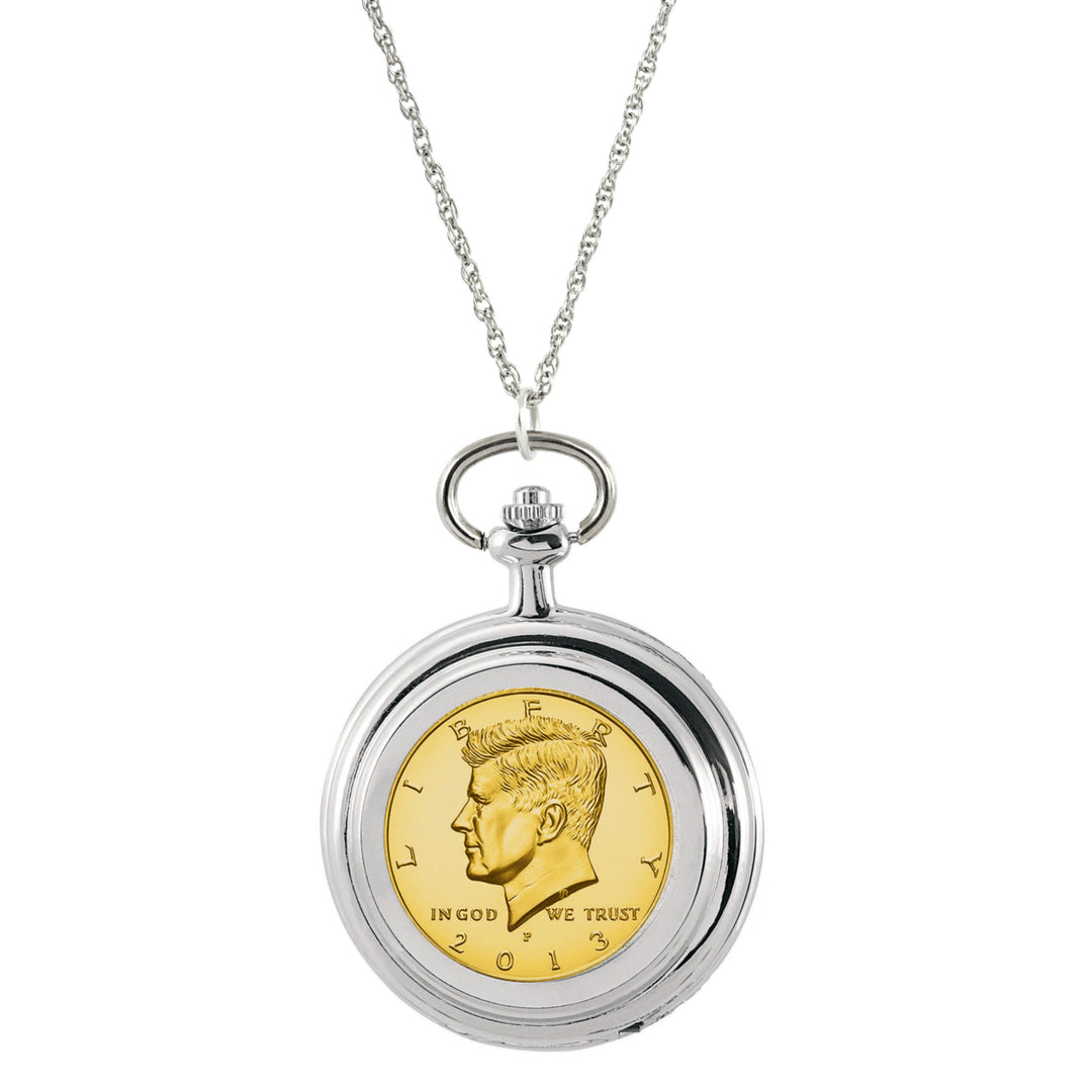 Gold-Layered JFK Half Dollar Coin Pocket Watch Coin Pendant Necklace Image 1