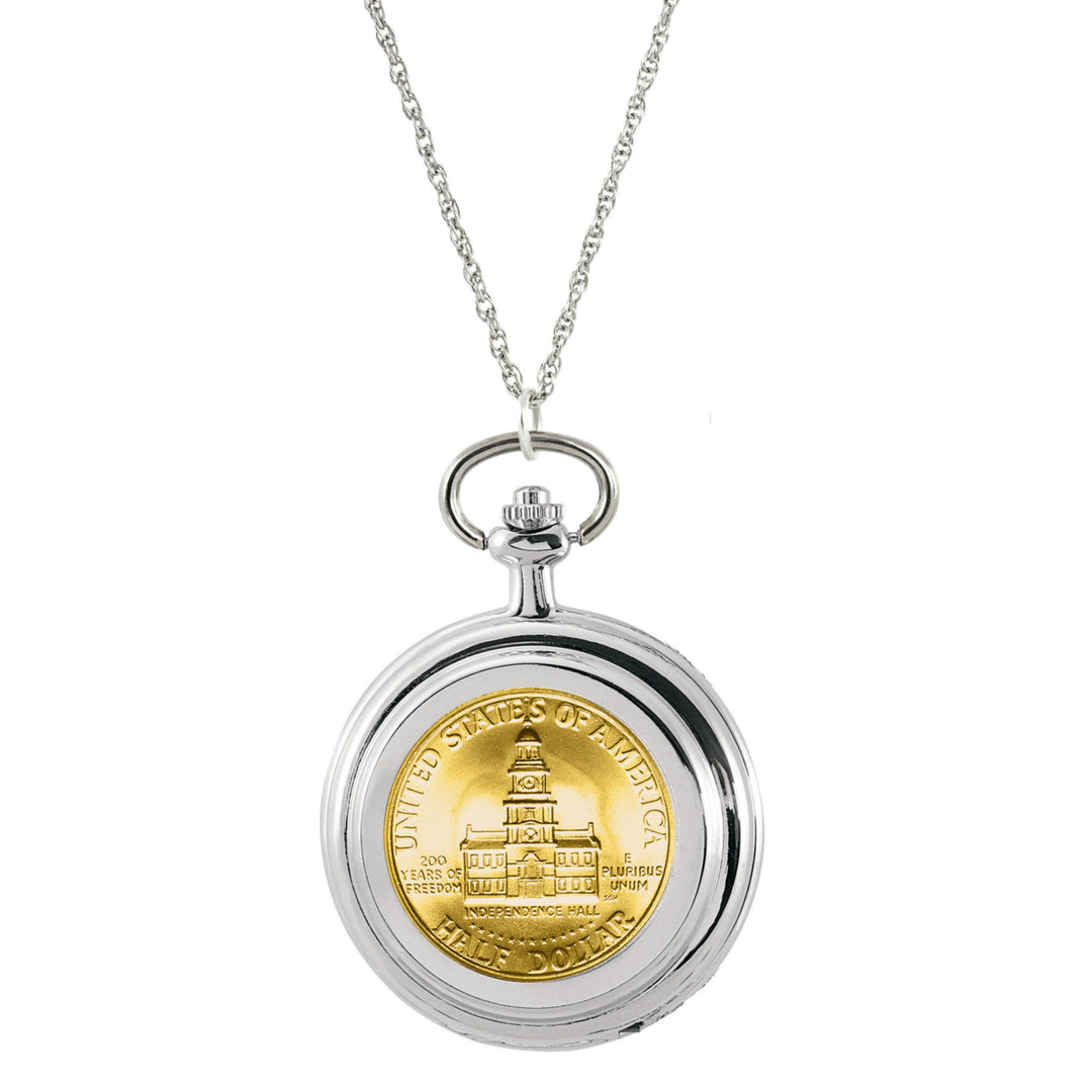 Gold-Layered JFK Bicentennial Half Dollar Coin Pocket Watch Coin Pendant Necklace Image 1