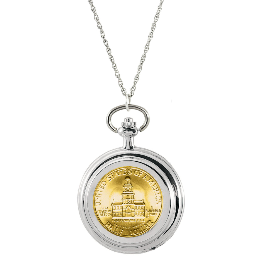 Gold-Layered JFK Bicentennial Half Dollar Coin Pocket Watch Coin Pendant Necklace Image 1