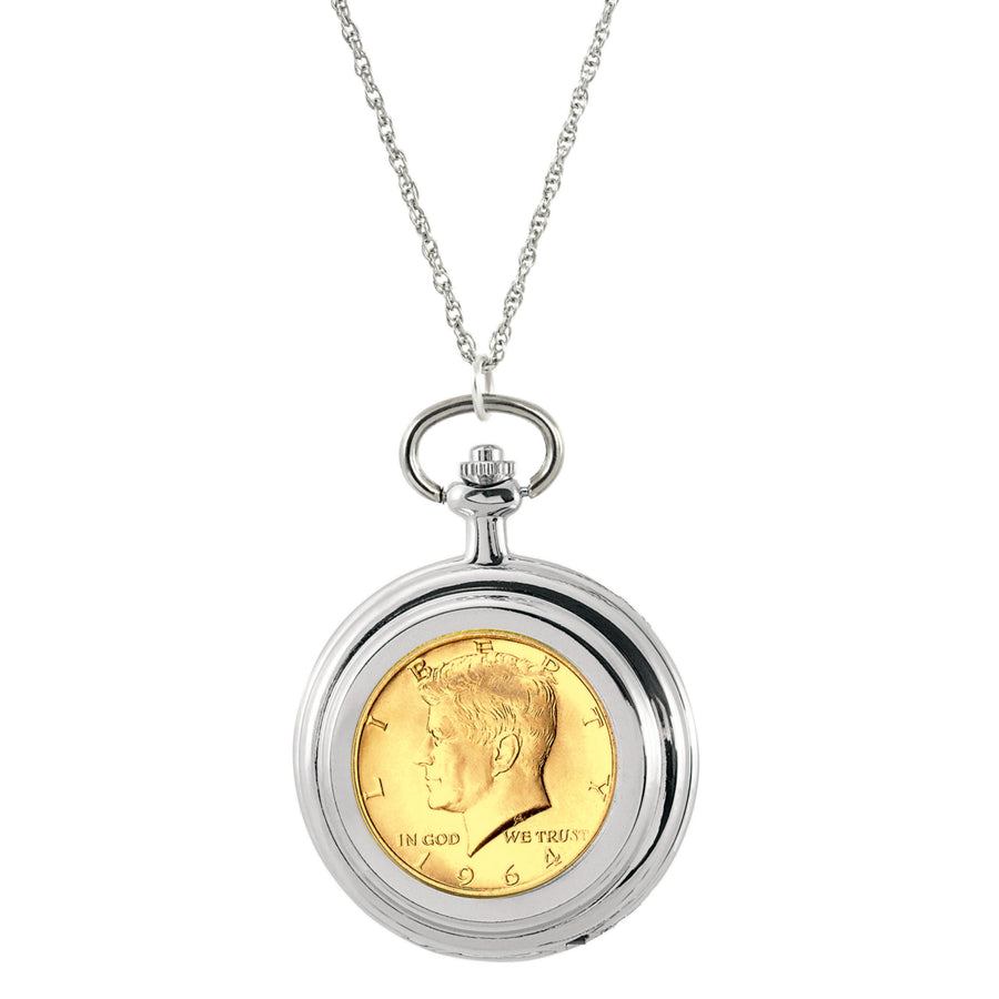 Gold-Layered JFK 1964 First Year of Issue Half Dollar Coin Pocket Watch Coin Pendant Necklace Image 1