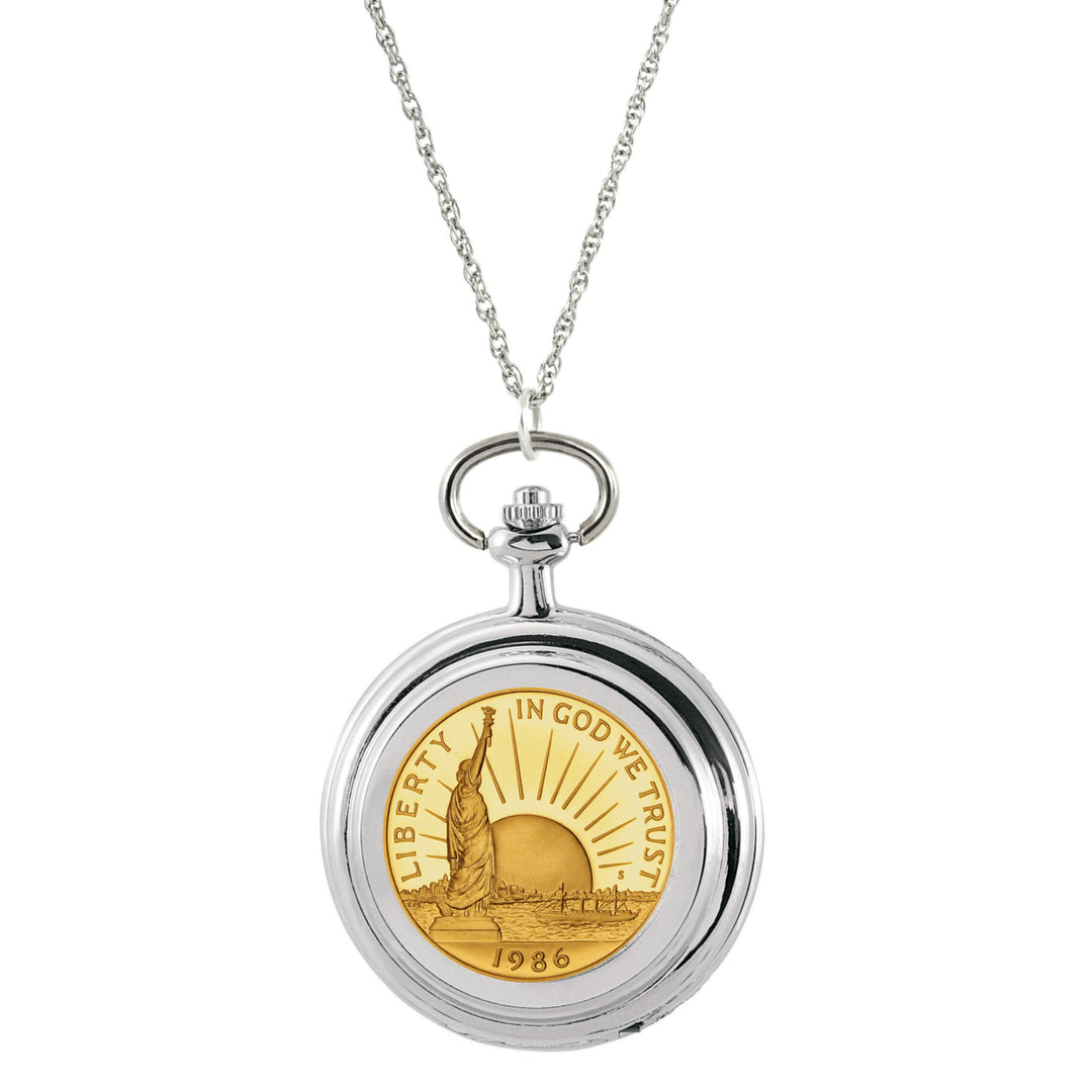 Gold-Layered Statue of Liberty Commemorative Half Dollar Coin Pocket Watch Coin Pendant Necklace Image 1