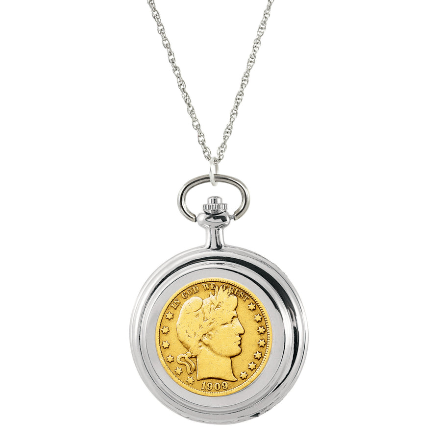 Gold-Layered Silver Barber Half Dollar Coin Pocket Watch Coin Pendant Necklace Image 1