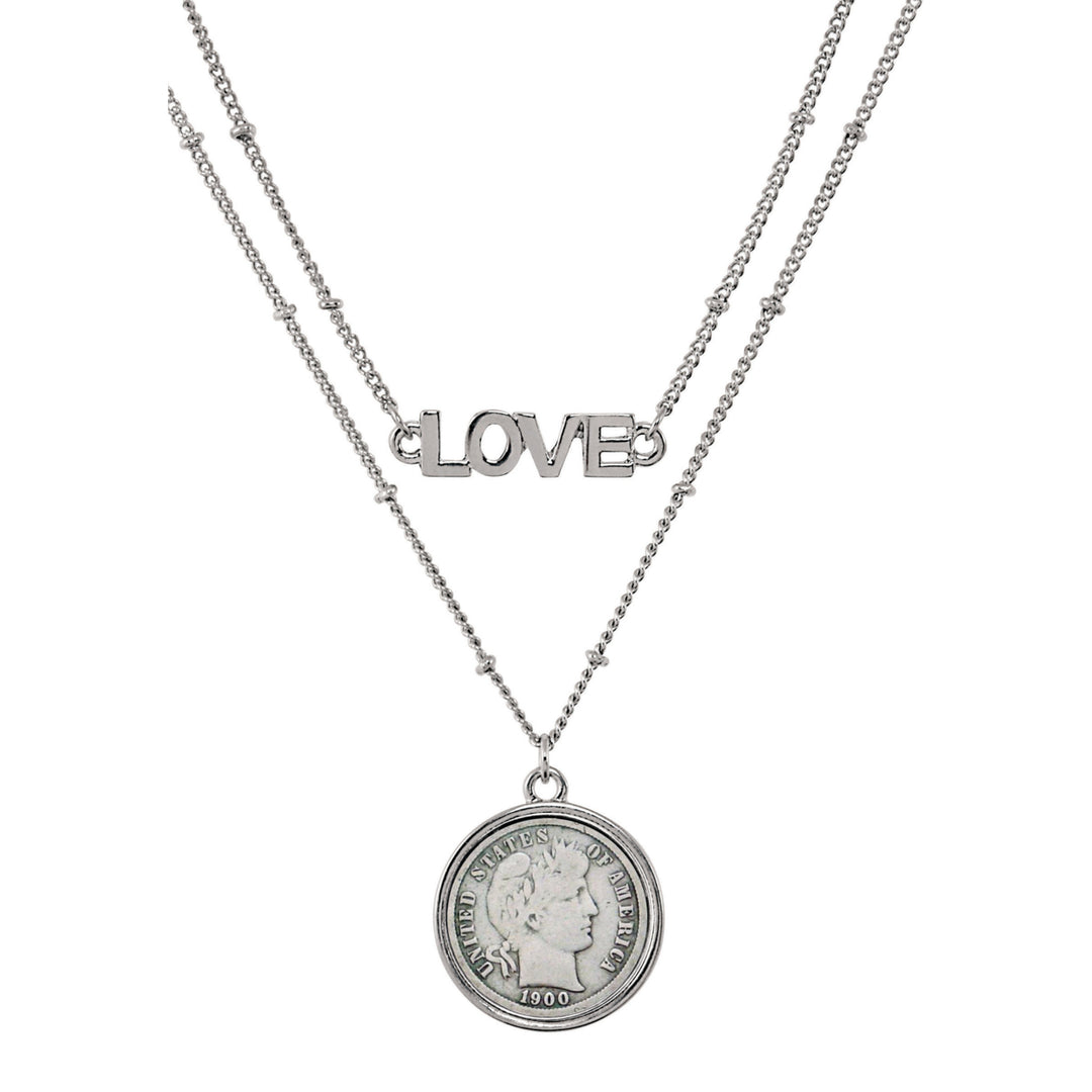 Silver Barber Dime Coin Double Strand Love Necklace Image 1