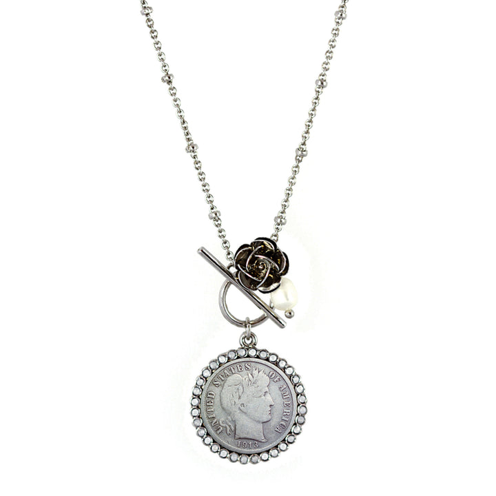 Silver Barber Dime and Rose Silvertone Toggle Pendant Image 1